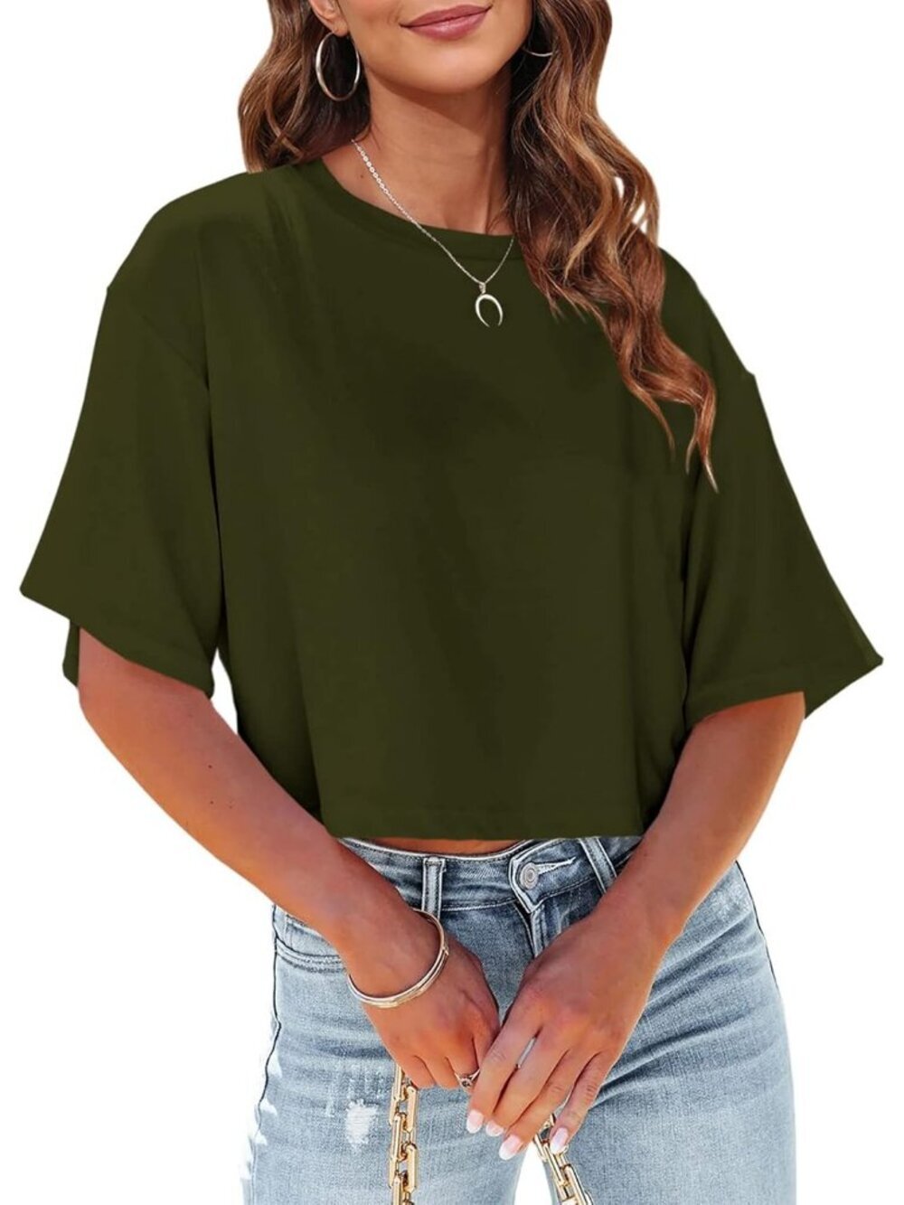 Women's Army Green Crew Neck Half Sleeves Loose Fit Casual Pull On Tees Shirts